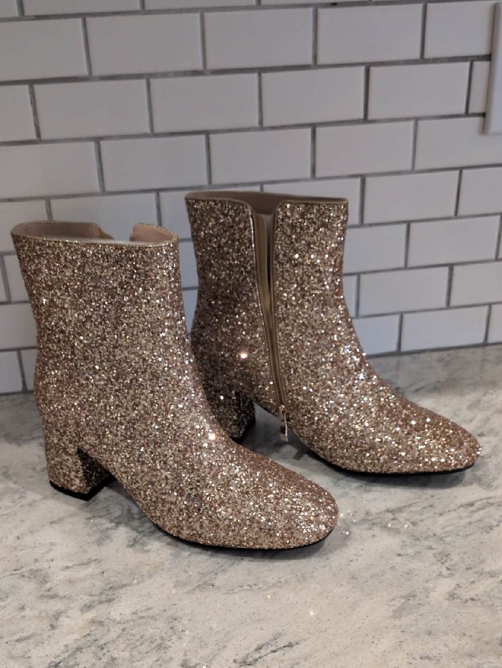Glitter Block Heel Ankle Boots in Rose Gold